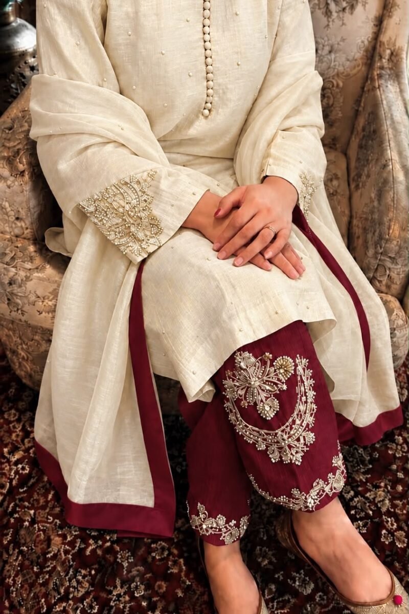 IVORY MAROON SUIT
